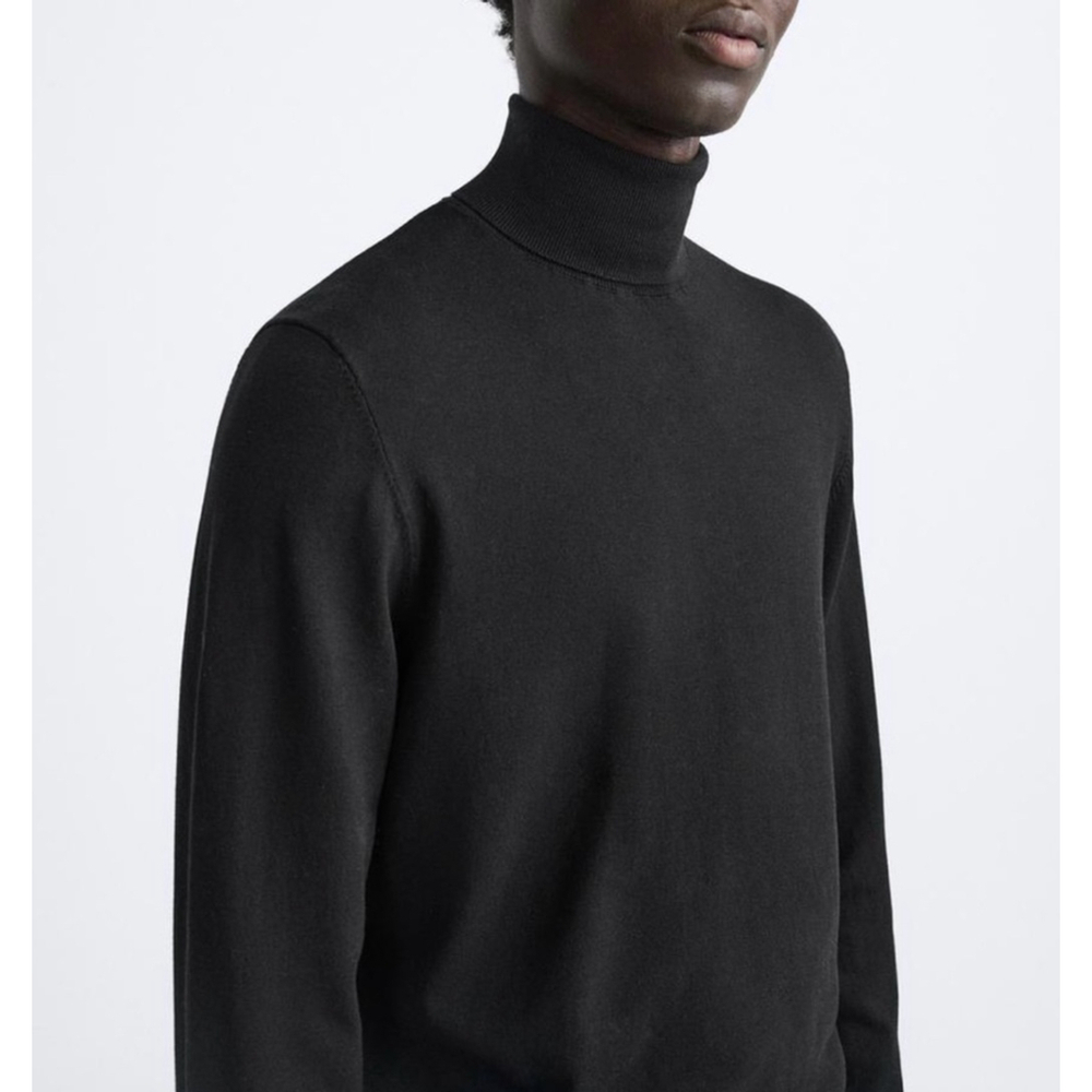 Zara Men's Knit Sweater Turtle neck 100% wool Black Minimalist Old money Sz L